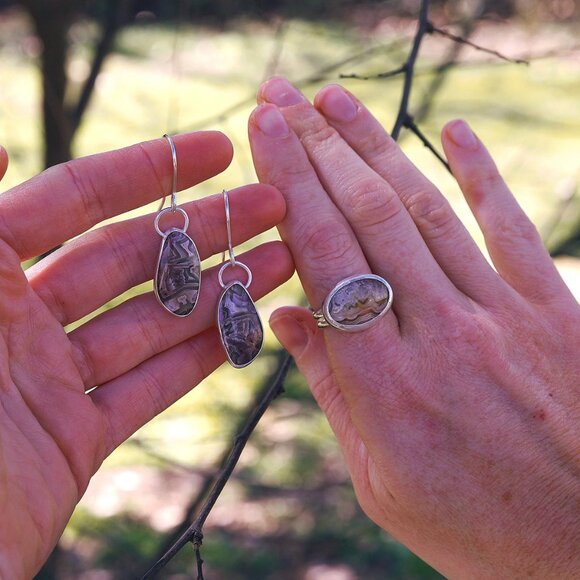 Earthbound Elegance: Crazy Lace Agate Earrings, Handmade by Me, Sterling Silver - Picture 3 of 5